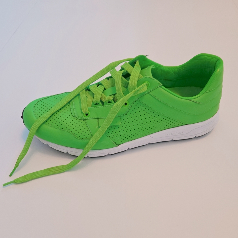 GUCCI neon green ipanema perforated leather lace up sneaker running shoes 10.5 - Picture 2 of 10